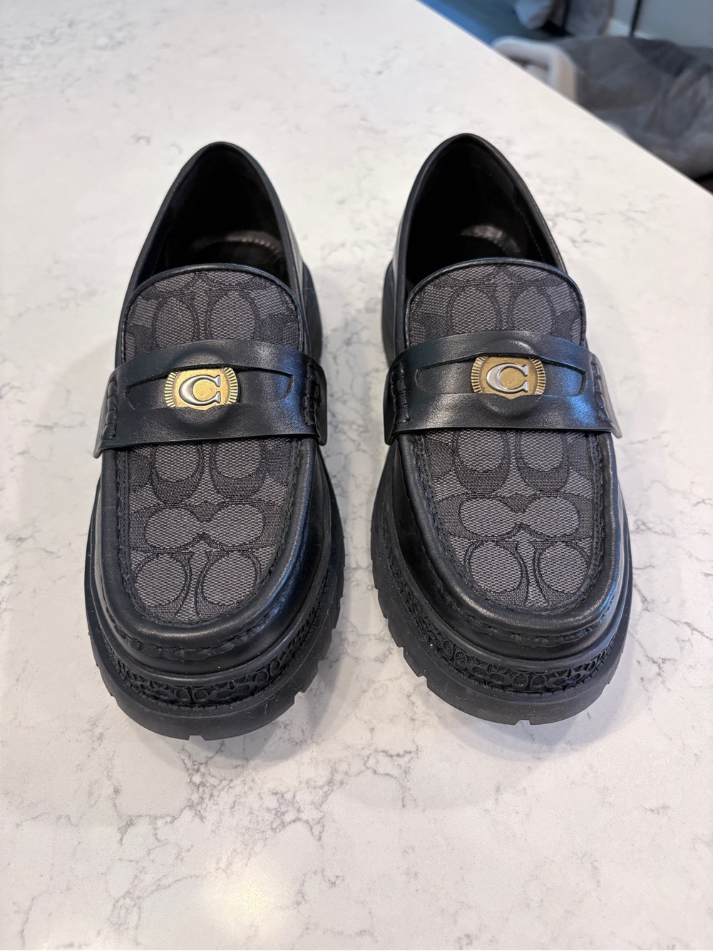 Men’s Coach Black Logo Penny Loafers with Gold Coach